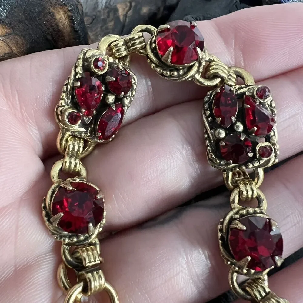 Vintage Kramer Signed Bracelet 7.5 Gold Plated Red Crystal Stones Love Valentine